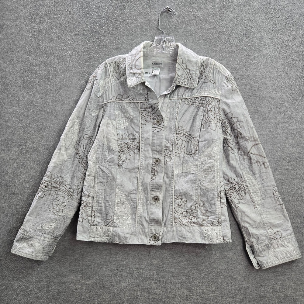 Chico's Women Jacket 1 Gray Paisley Snakeskin Print Embroidered Trucker Metallic